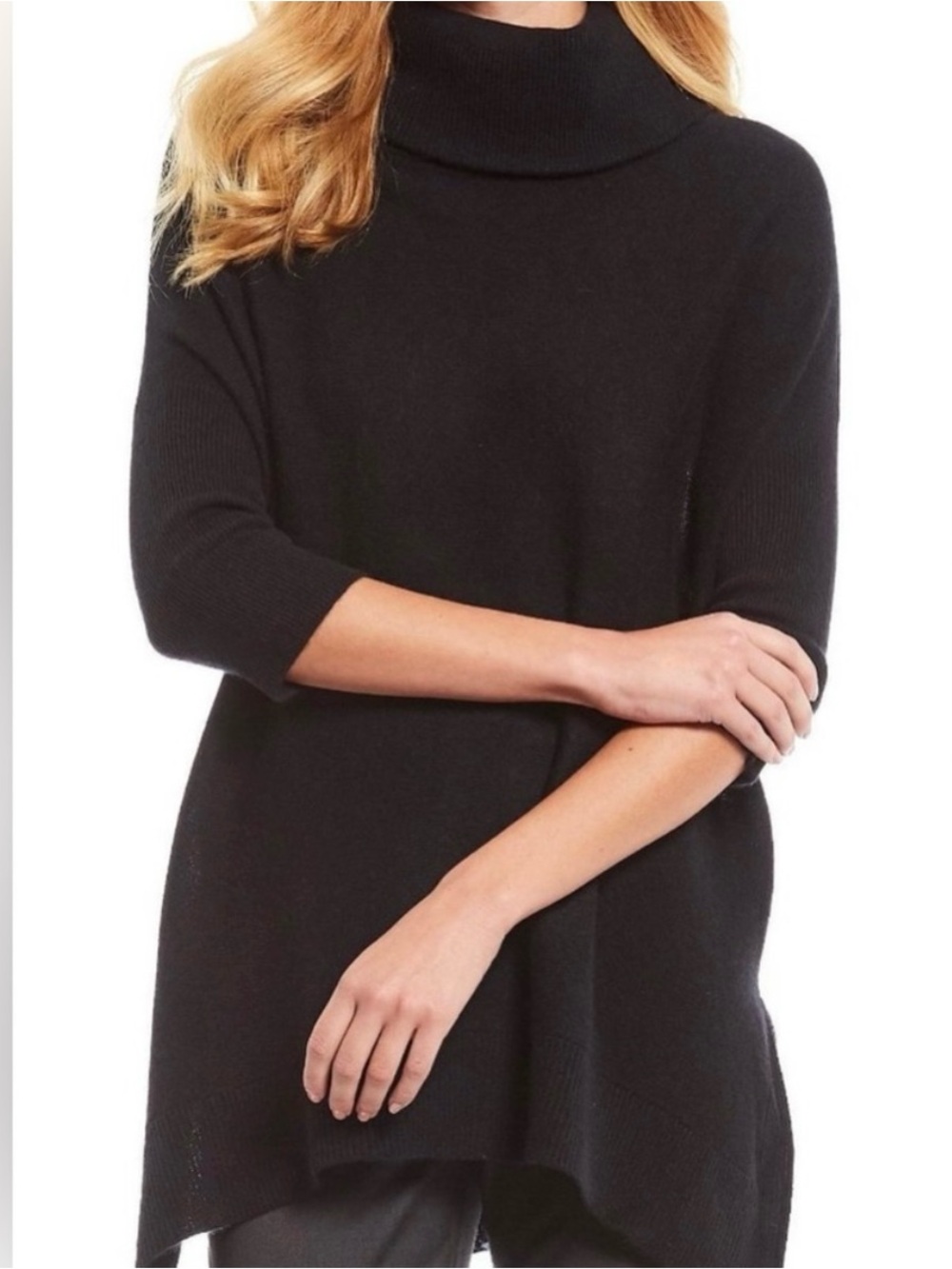 100% Cashmere Turtleneck Poncho Shrug 3/4 Sleeve Soft Cozy Luxury Knit